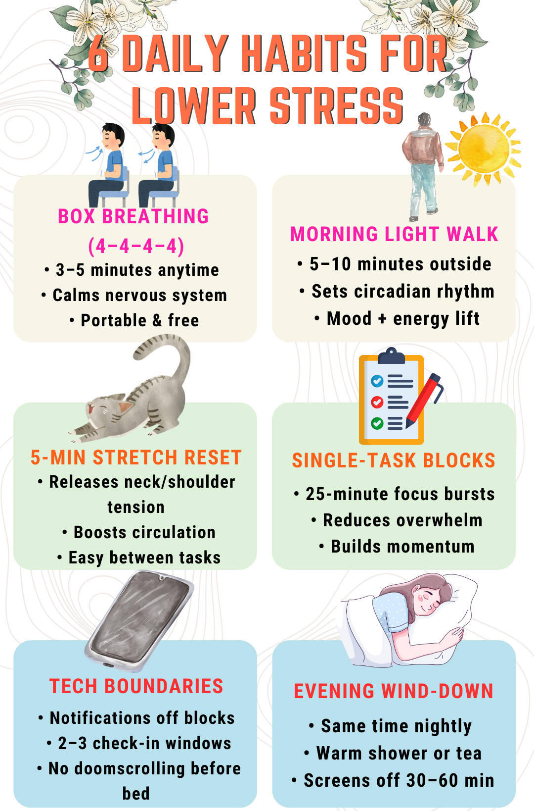 6 DAILY HABITS FOR LOWER STRESS